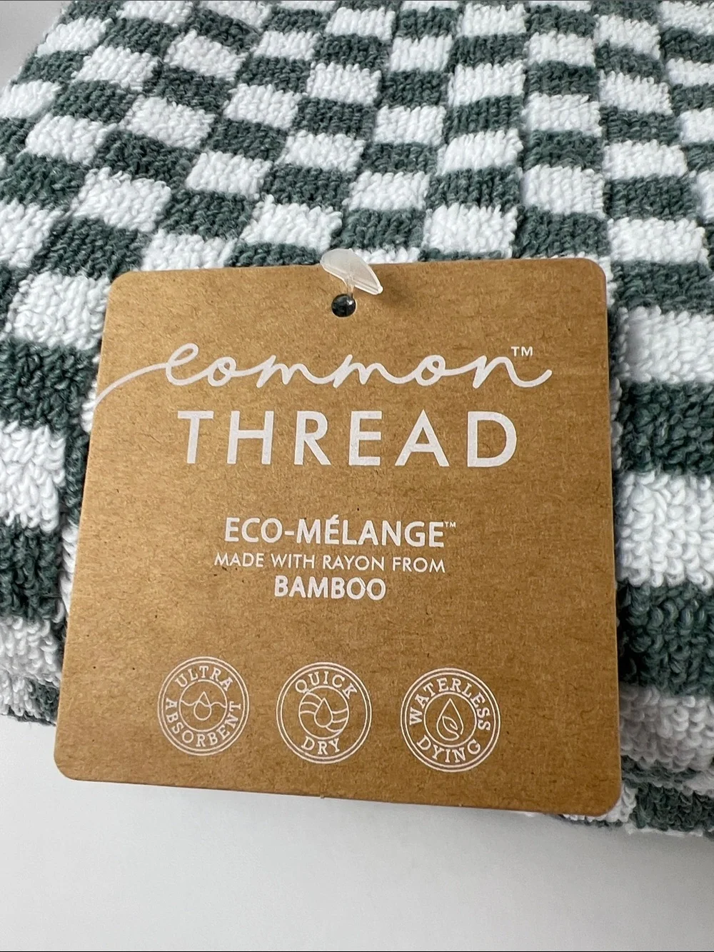 Common Thread Bamboo Eco-Mélange Bath Towels Checkerboard Green White 2 Pc NEW